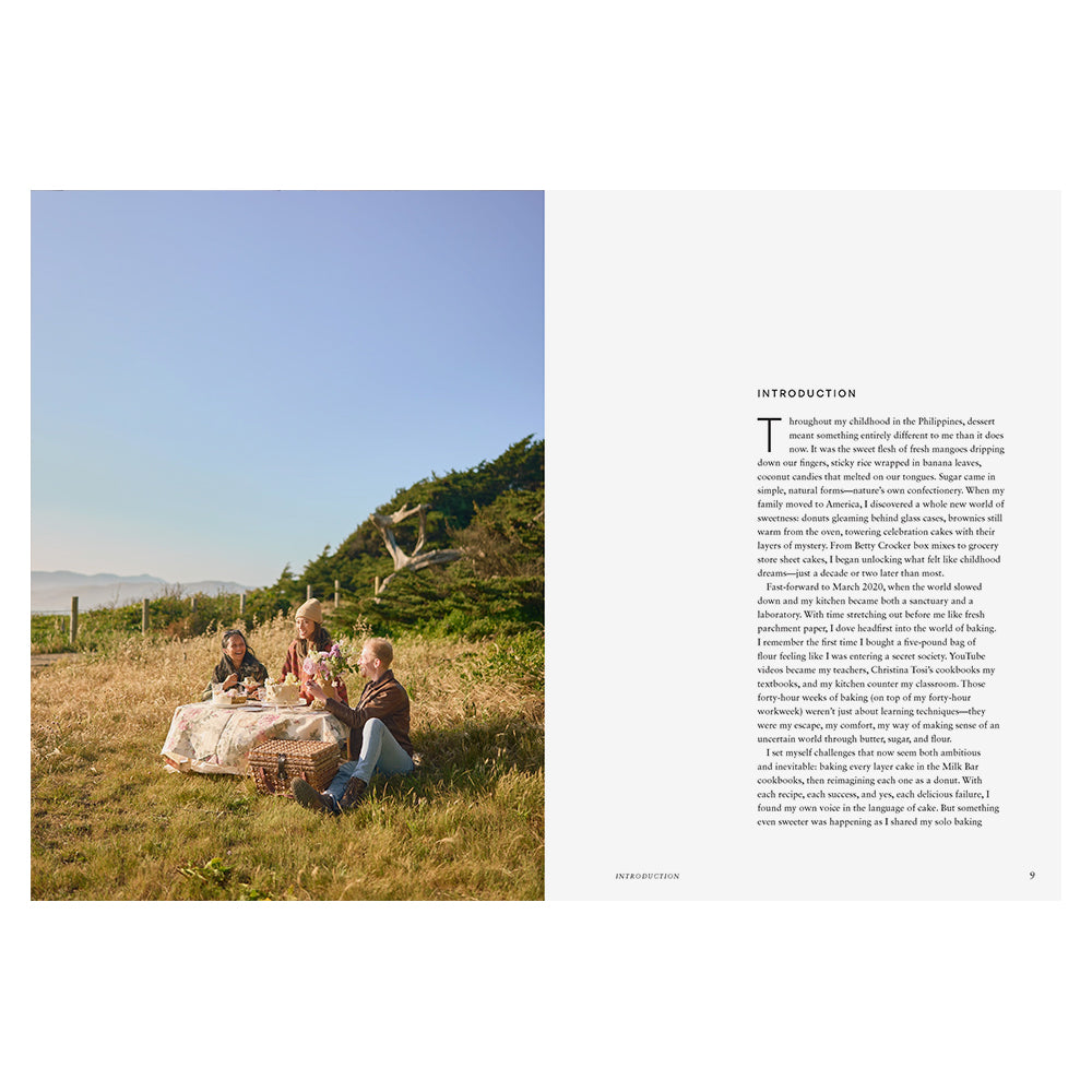 Two people having a picnic in a grassy field with a scenic background.