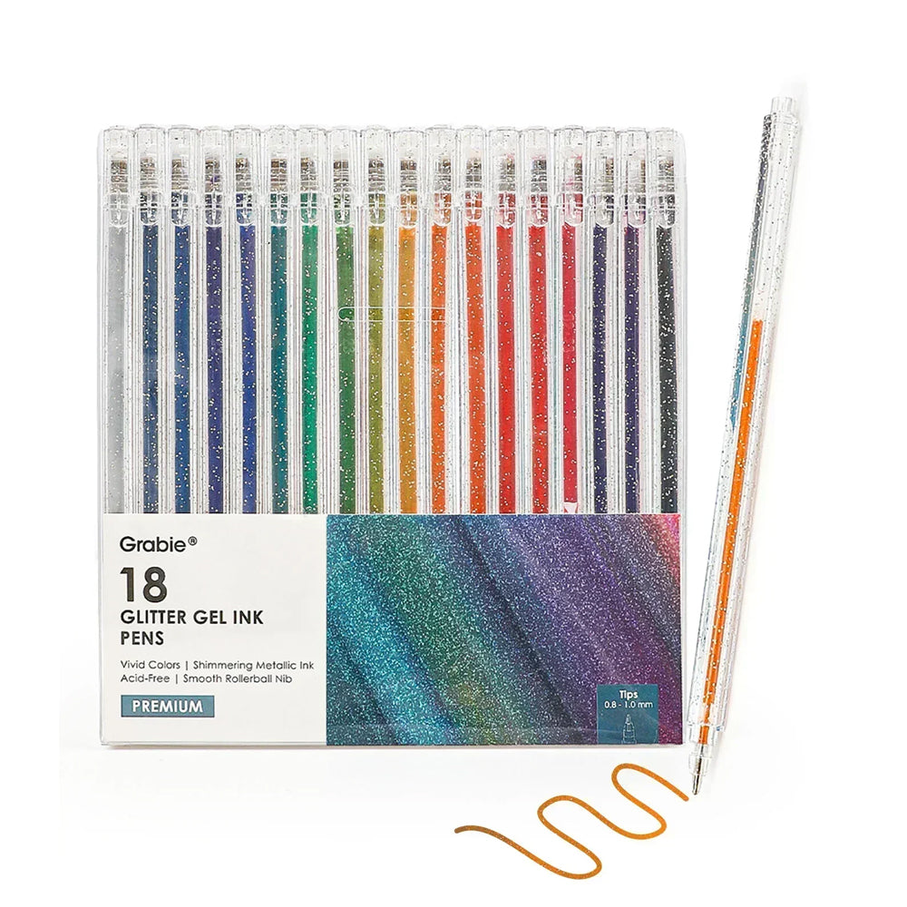 Pack of 18 glitter gel ink pens with a sample pen displayed on a white background.