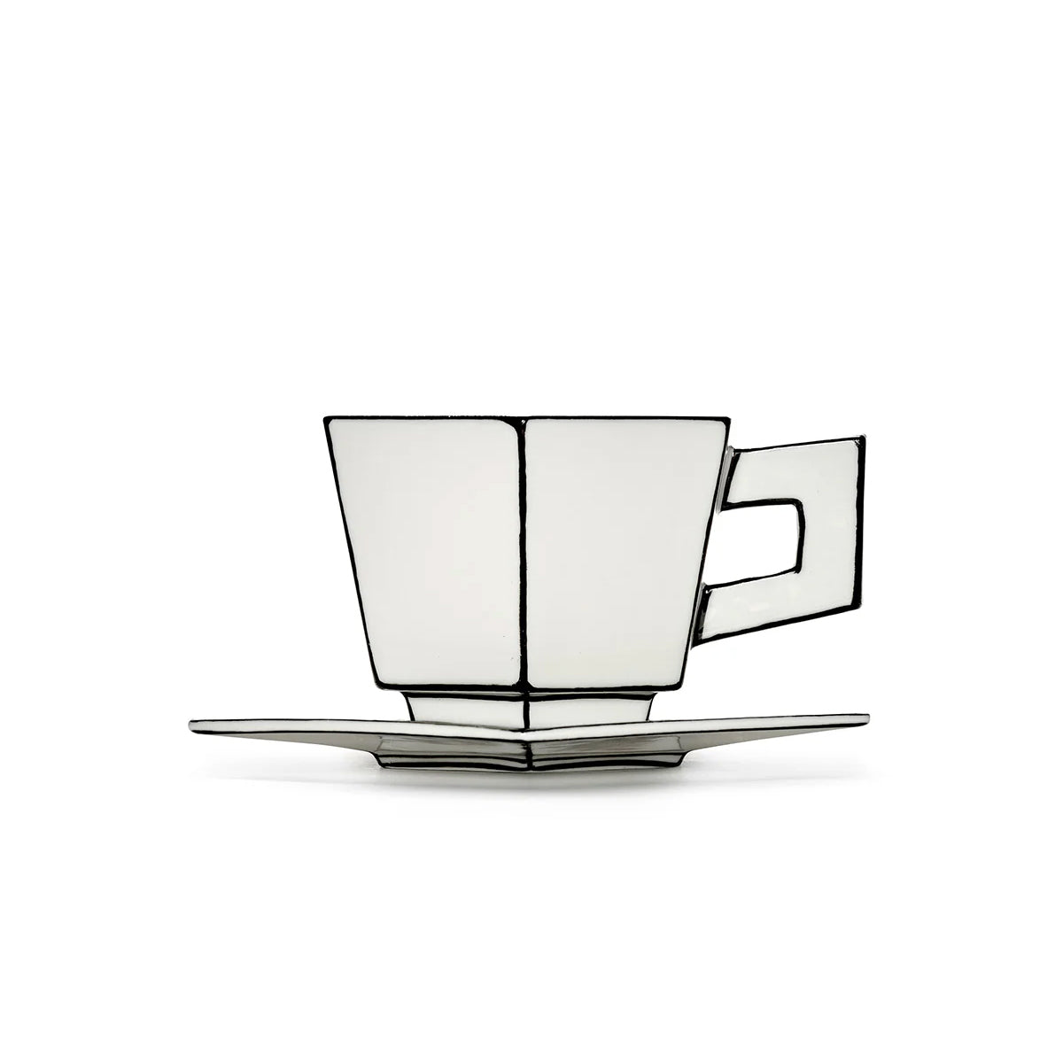 Sleek glass teacup and saucer set on a white background