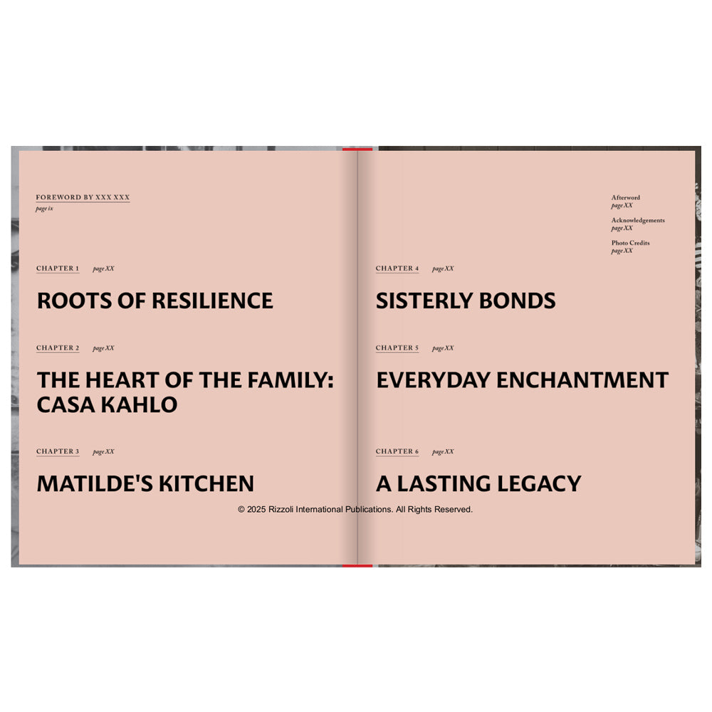 Open book with chapter titles on a beige background