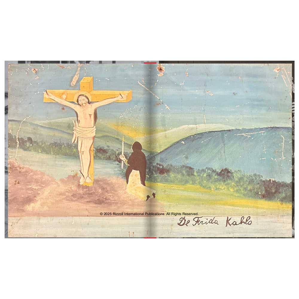 Artistic depiction of a crucifixion scene with a person on a hill, inspired by Frida Kahlo.