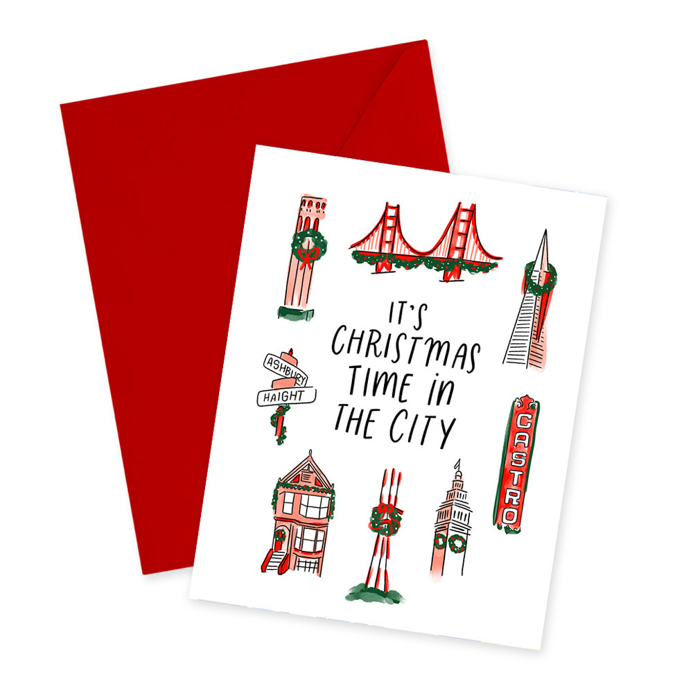 Christmas Time in The City San Francisco Holiday Card with red envelope.