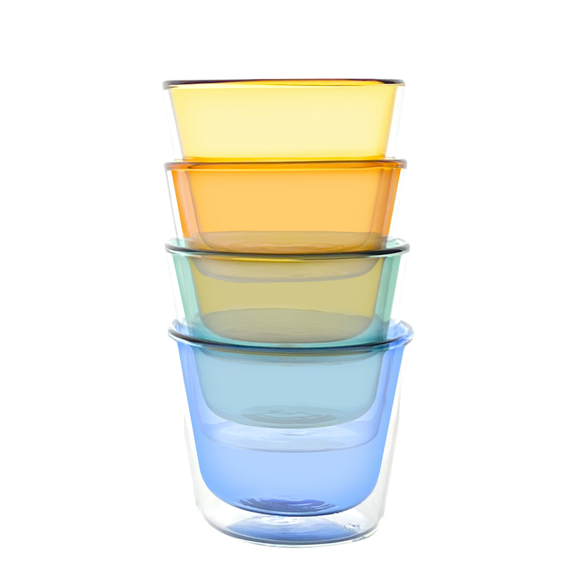 Stack of colorful glass bowls on a white background