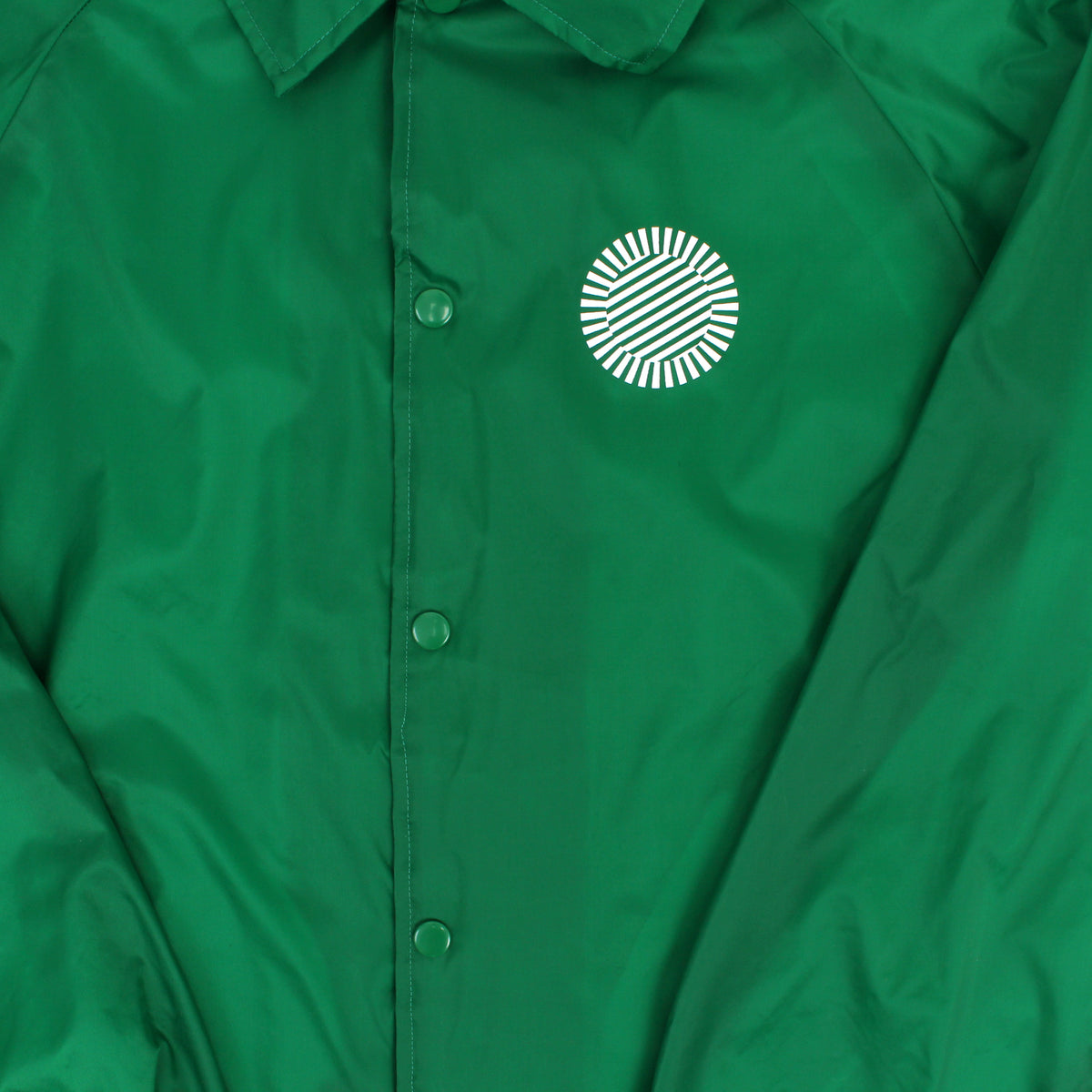 SFMOMA Collegiate Logo Coach Jacket: Green, front logo detail