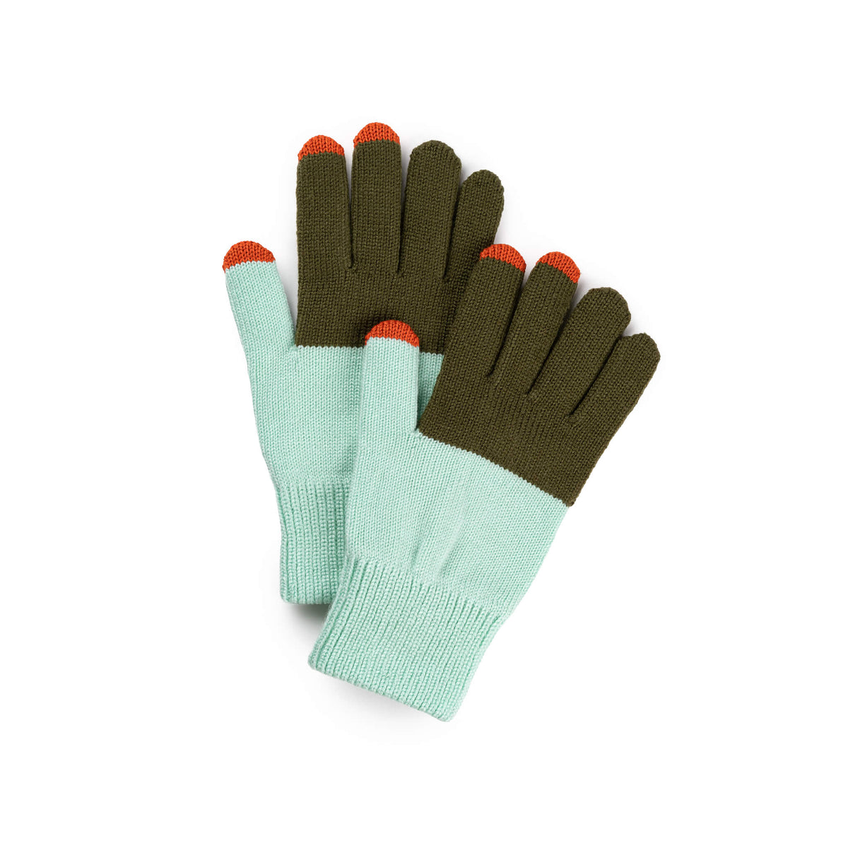 Pair of gloves with green and light blue design on a white background