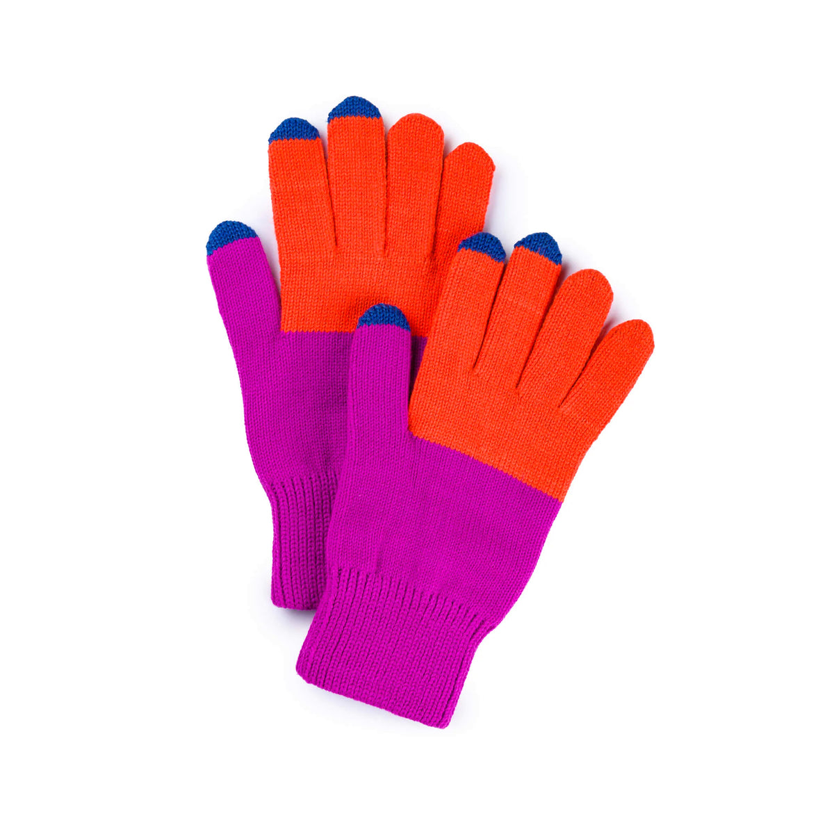 A pair of knit gloves with bright orange palms and fingers, magenta cuffs, and blue fingertips, shown on a plain white background.