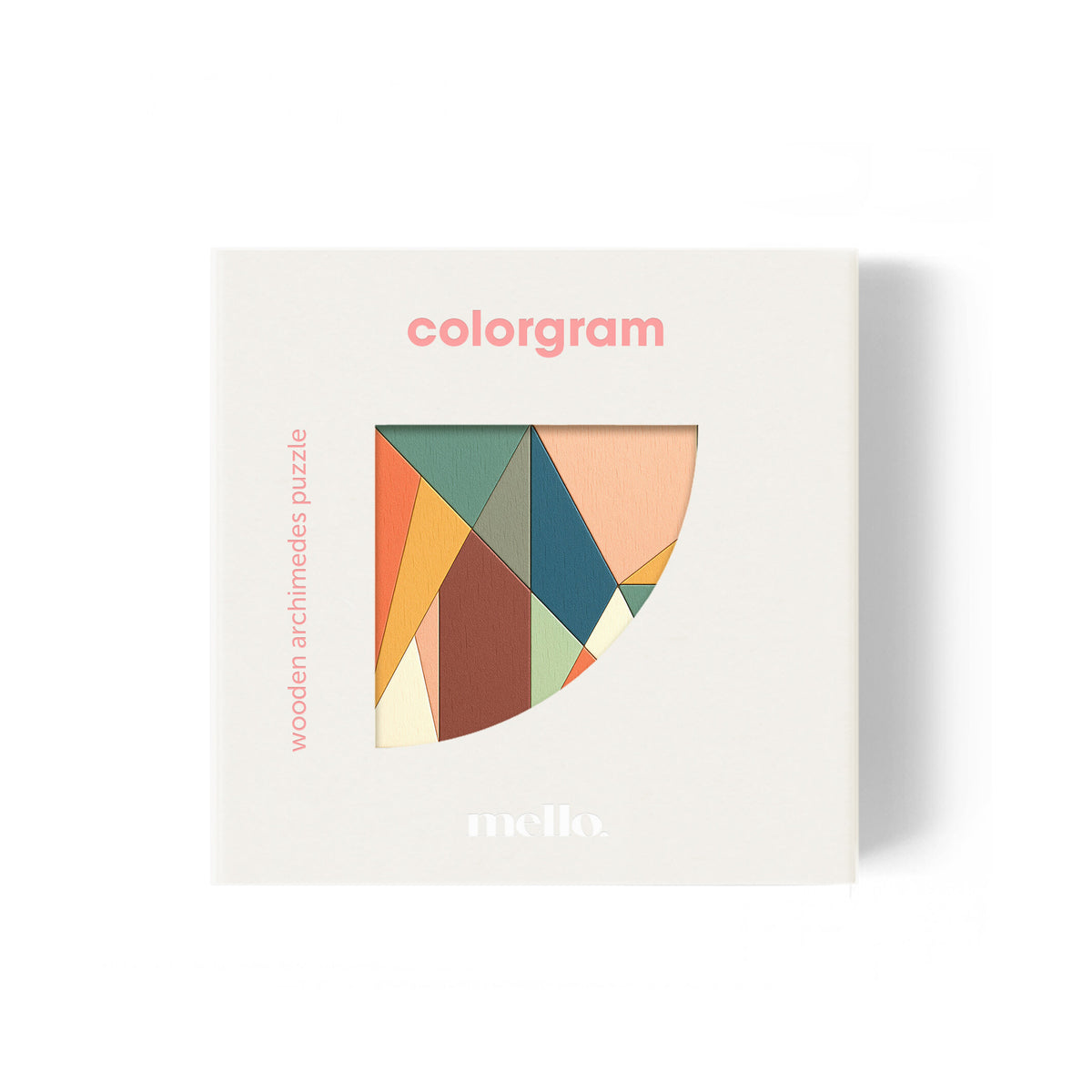 Colorgram wooden archimedes puzzle packaging with geometric design on a white background