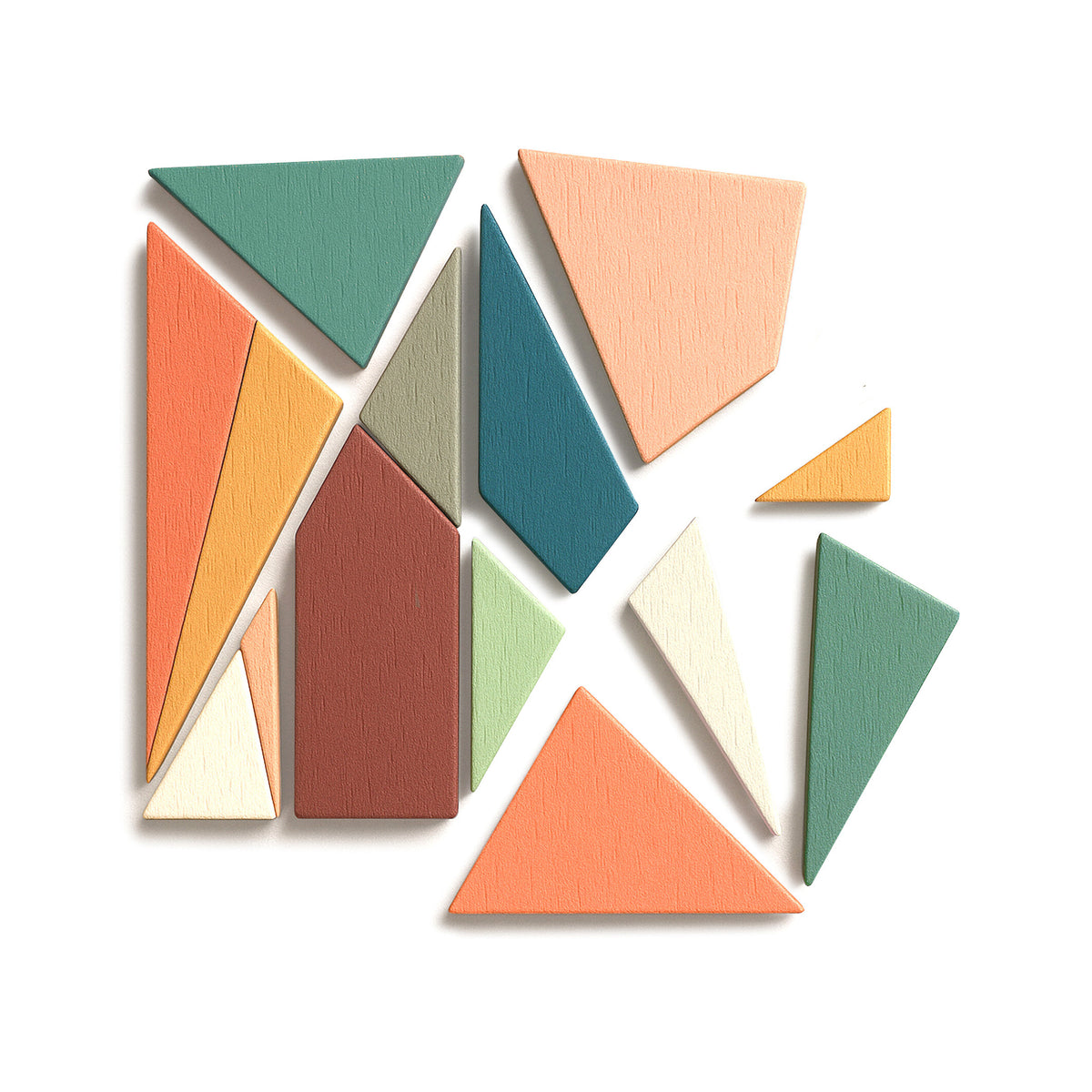 Colorful geometric wooden blocks on a white background