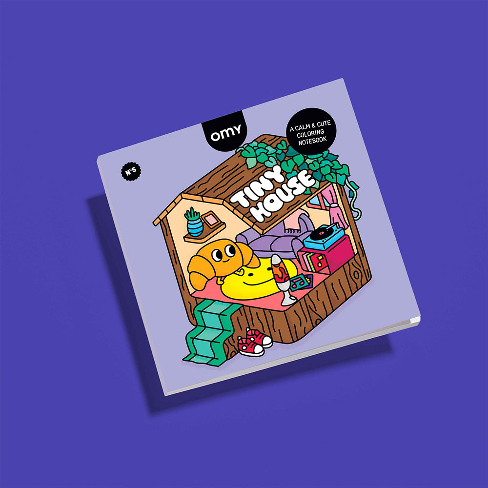Notebook titled 'Tiny House' with colorful illustration on a purple background