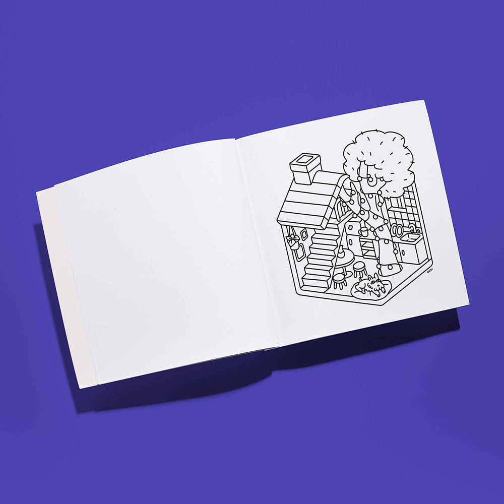 White paper with a black line drawing of a small house on a purple background