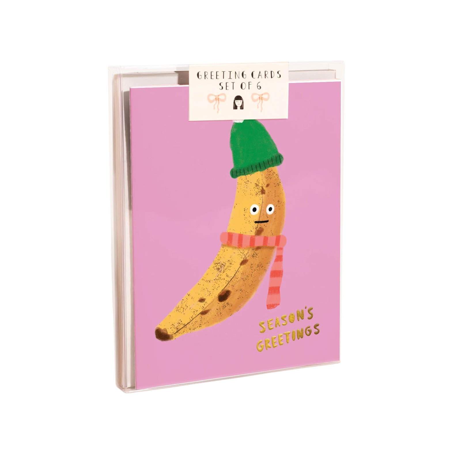 Set of greeting cards with a cartoon banana wearing a green hat and red scarf on a pink background.