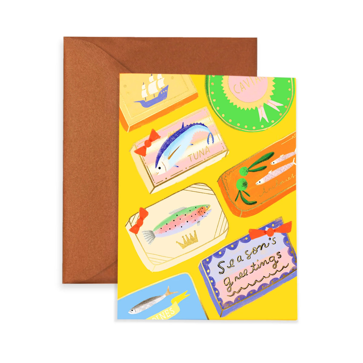 Greeting card with fish illustrations and a brown envelope on a white background
