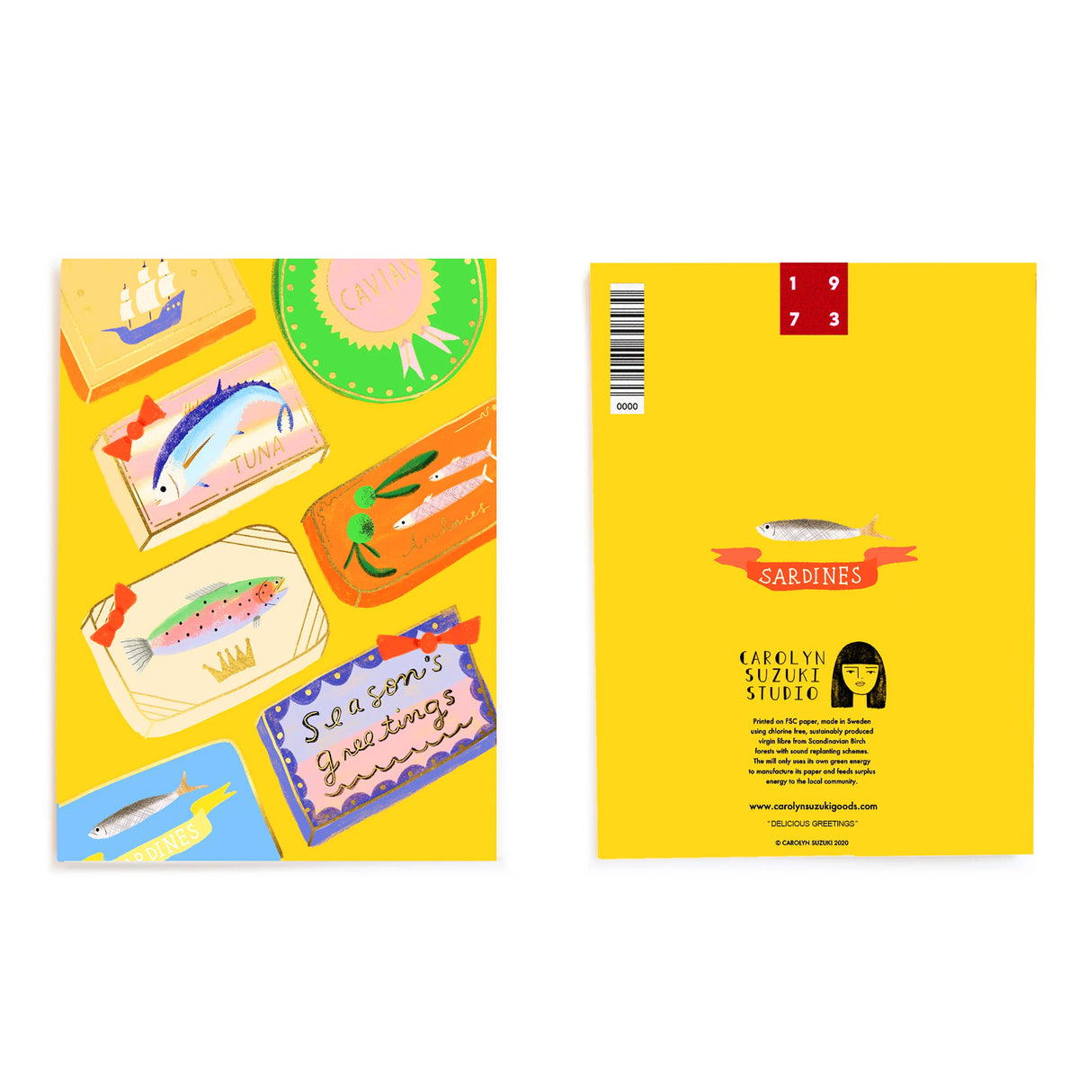 Colorful packaging with illustrations of food items on a yellow background