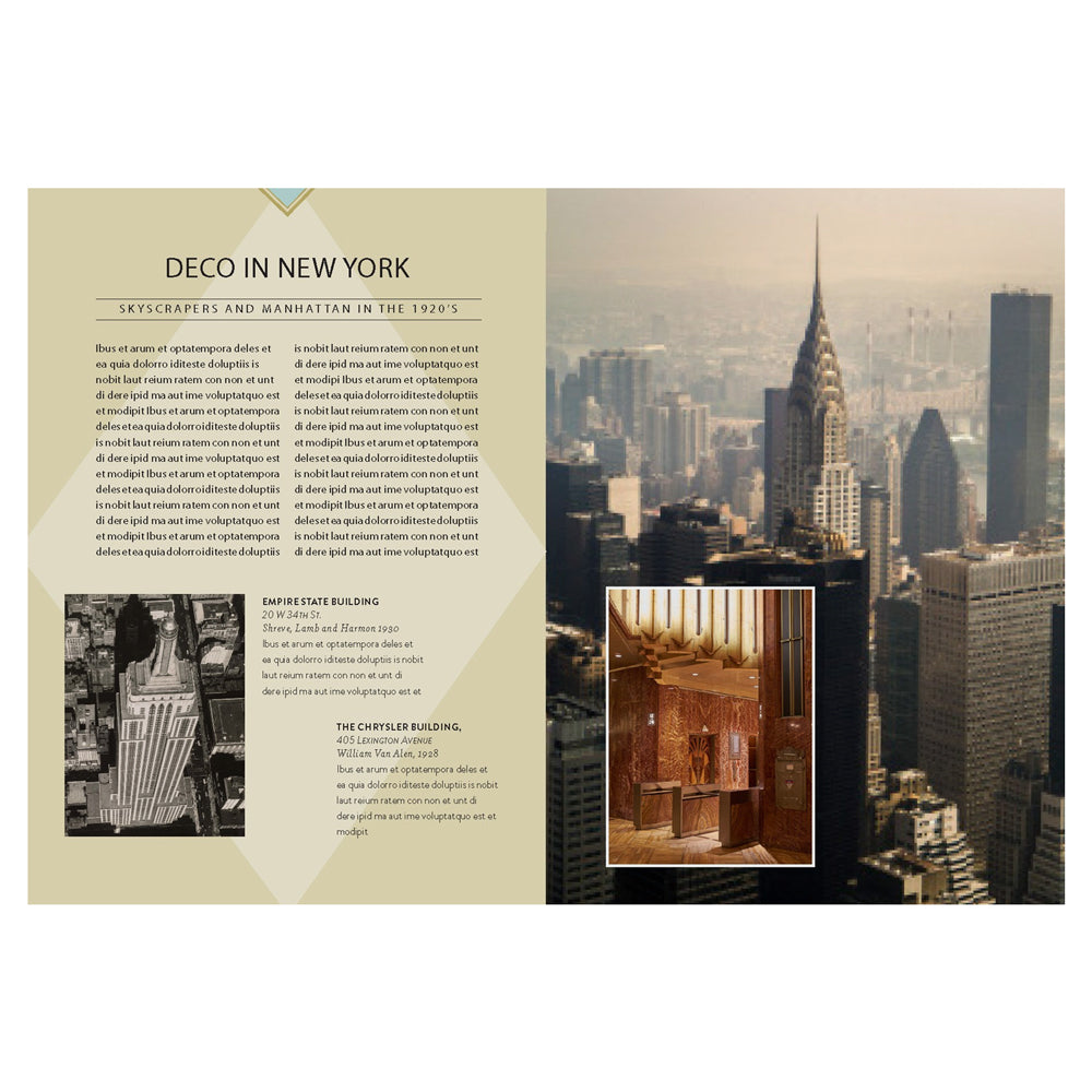 Spread with New York skyline and interior design elements.
