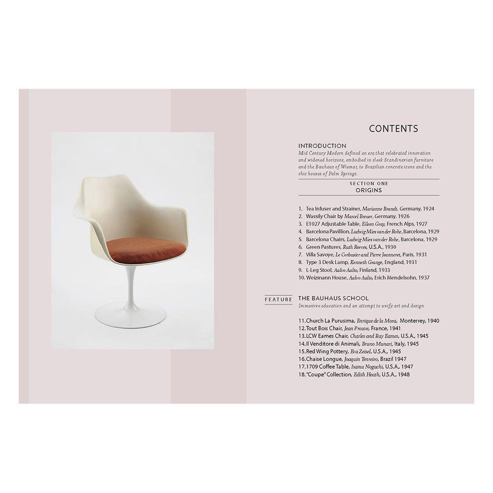 Table of contents with a chair illustration and text on a light pink background