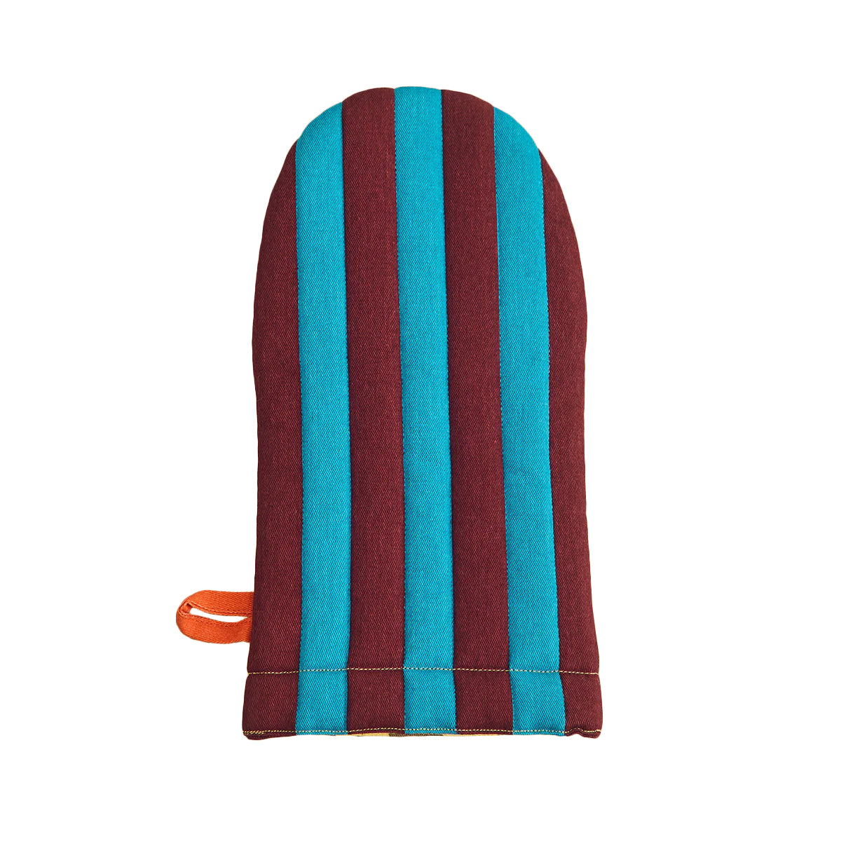 A striped oven mitt with alternating vertical stripes of dark red and bright turquoise blue, featuring a small orange handle on the side, shown against a plain white background.