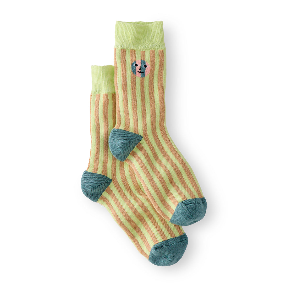 A pair of striped crew socks with a pastel color scheme, featuring vertical peach and light green stripes, muted teal heels and toes, and a small face on the cuff.