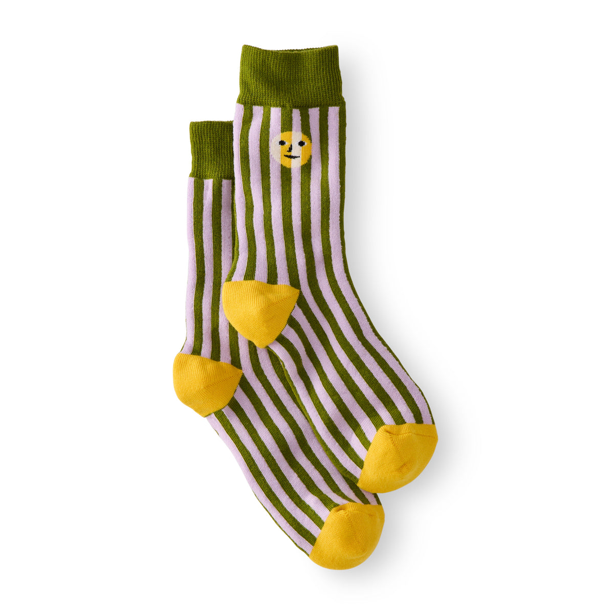 A pair of socks with olive green and light pink vertical stripes, featuring solid yellow heels, toes, and cuffs, with a small yellow smiley face embroidered on the upper sock.