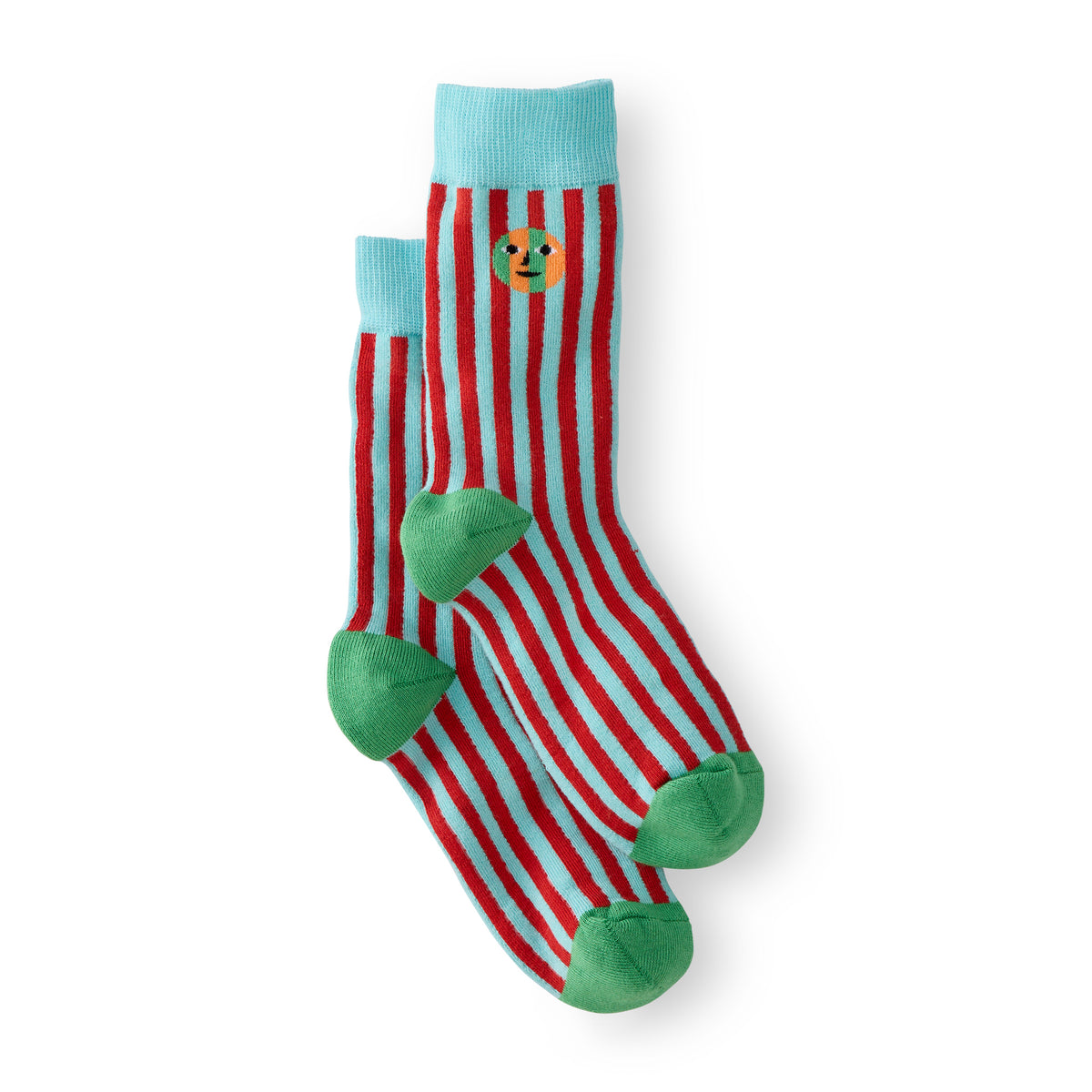 A pair of crew socks with red and light blue vertical stripes, featuring solid light blue cuffs, green heels, and green toes, with a small circular face graphic on the upper cuff.