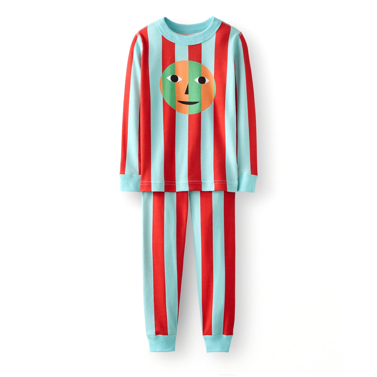 A two-piece children's pajama set featuring red and light blue vertical stripes, with a colorful abstract face graphic on the chest. The set includes a long-sleeve top and matching pants, photographed flat against a solid white background.