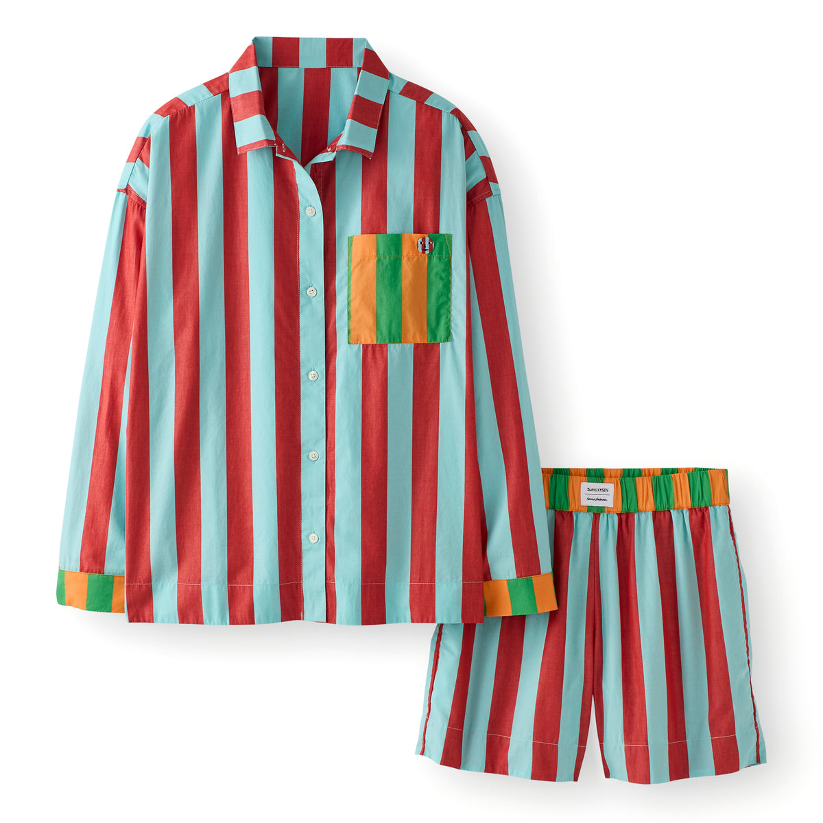 A two-piece pajama set with a long-sleeve button-up shirt and matching shorts, featuring bold vertical stripes in red, mint green, and orange, with a solid orange pocket on the shirt.