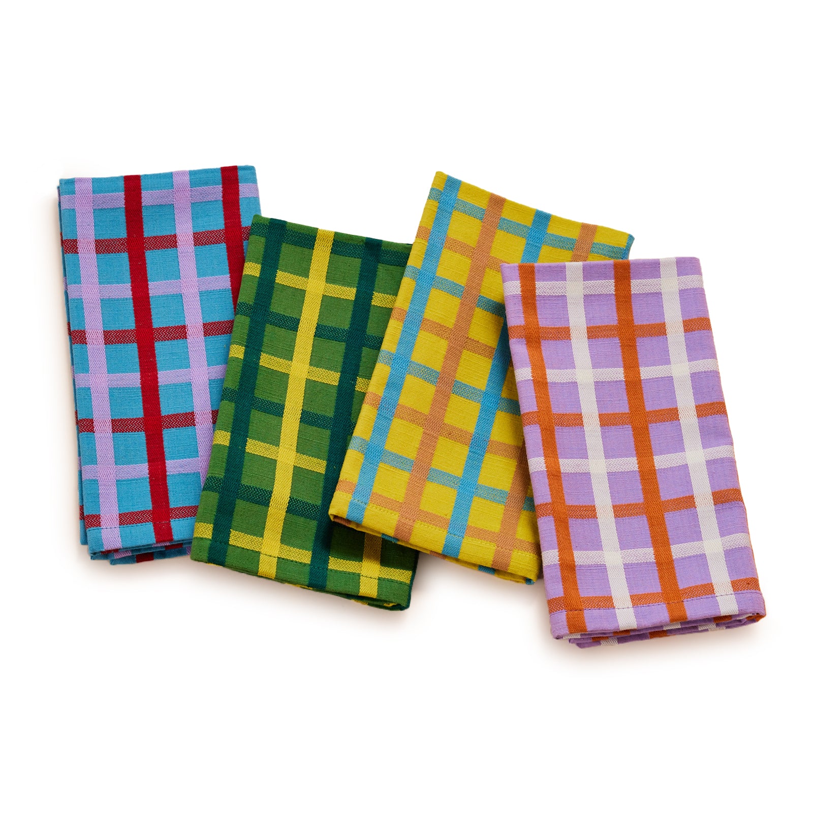 Four colorful plaid napkins on a white background