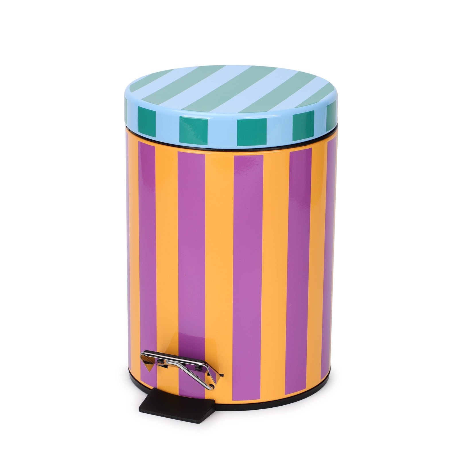 Colorful striped trash can with a step lid on a white background