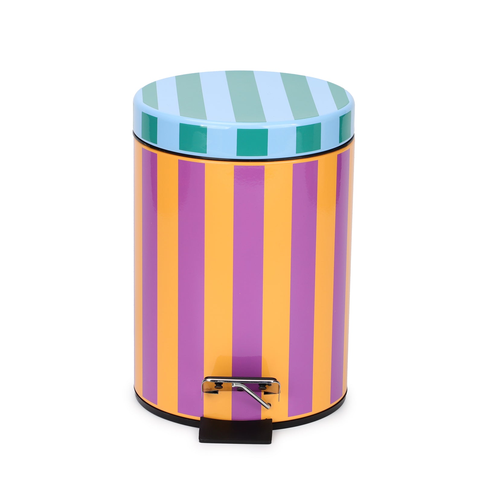 Colorful striped trash can with a step lid on a white background