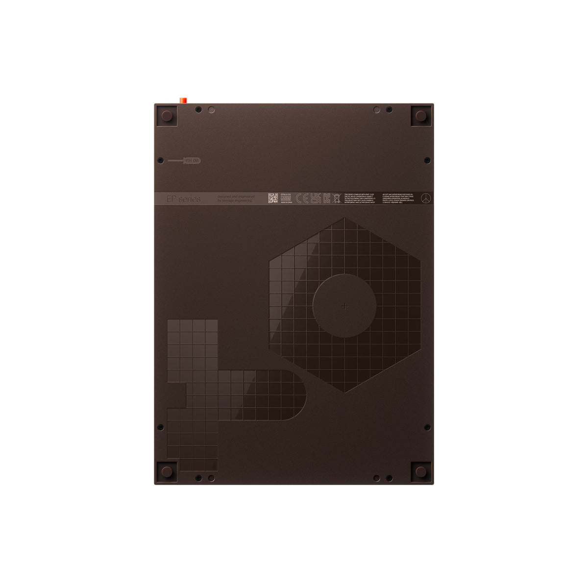 Back view of a black electronic device with geometric design on a white background