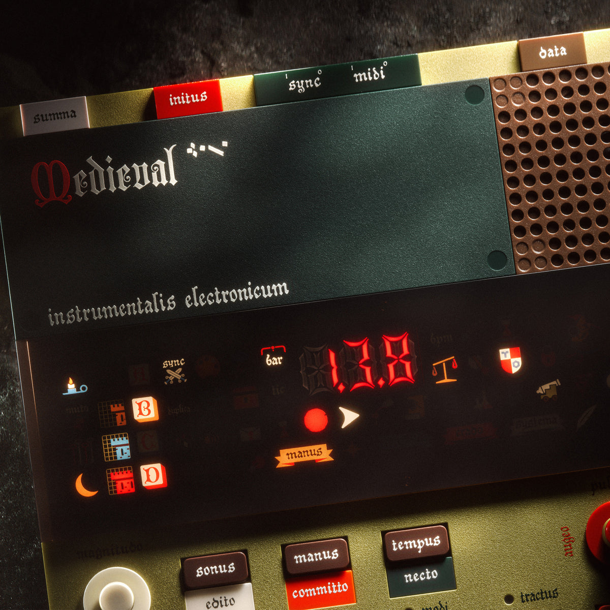 Electronic music synthesizer with 'Medieval' branding on a dark surface
