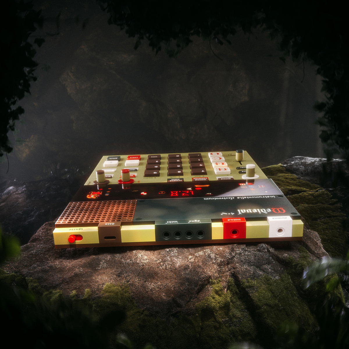 Vintage synthesizer on a rock with a dark forest background