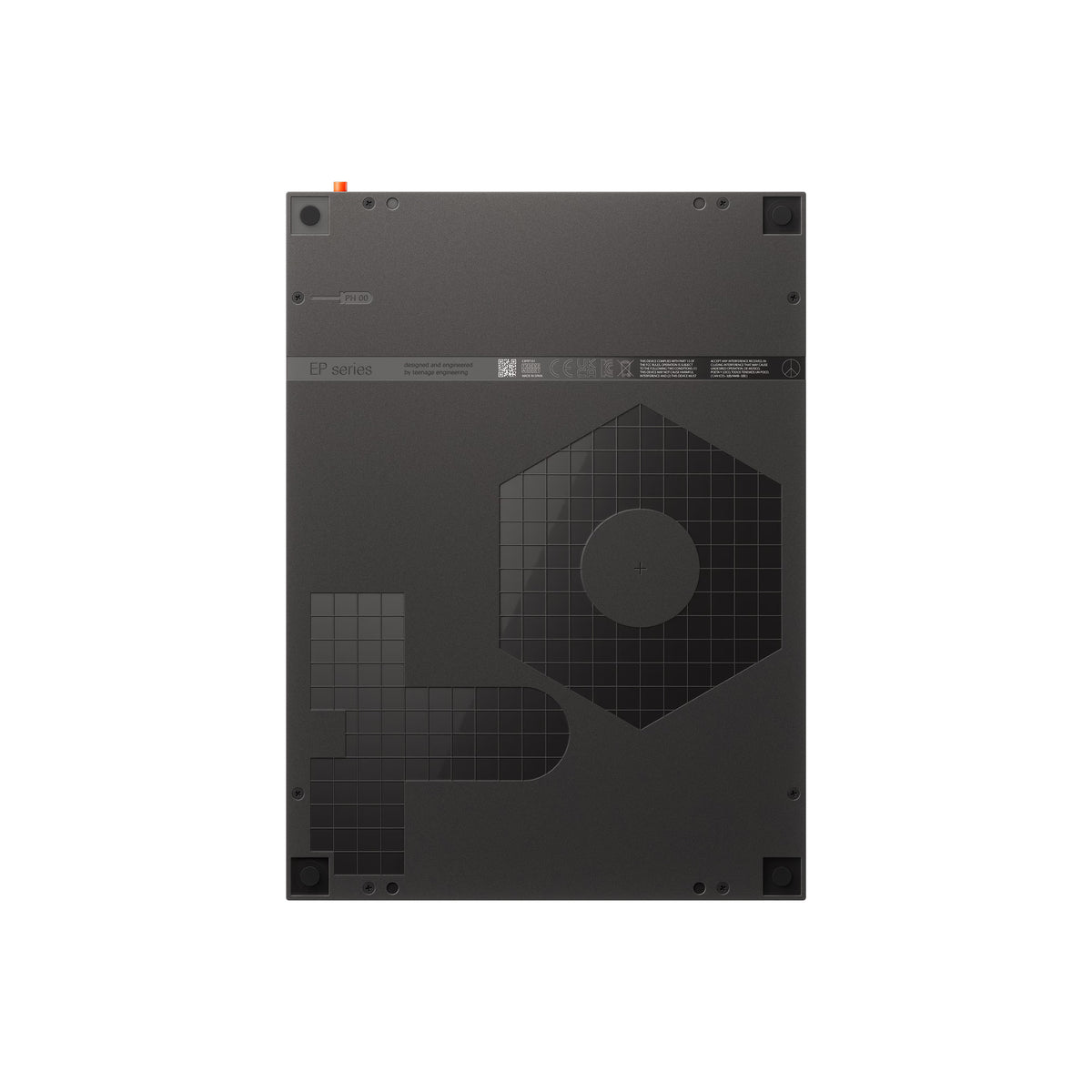 Back view of a black electronic device on a white background