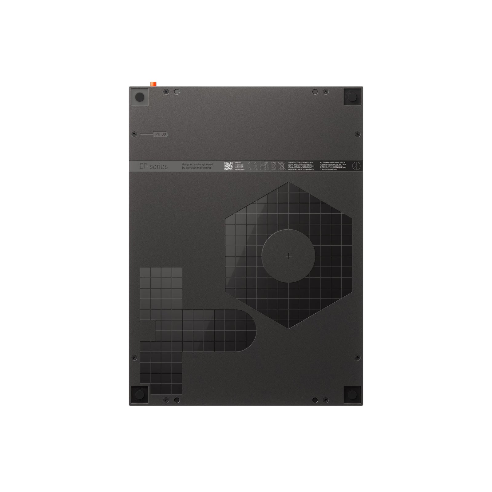 Electronic music synthesizer with various controls and display on a white background