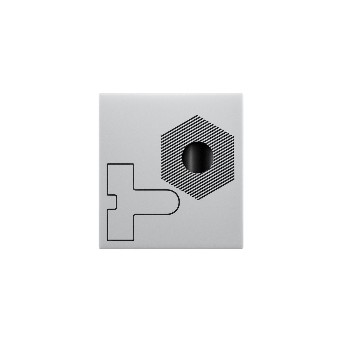 Square white tile with black geometric design on a white background