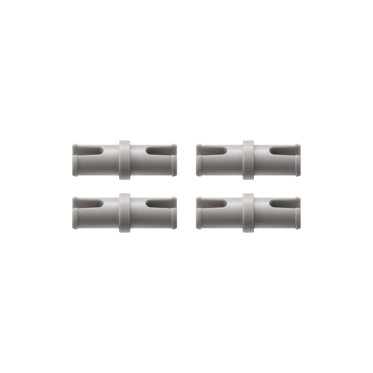 Four gray metal connectors on a white background