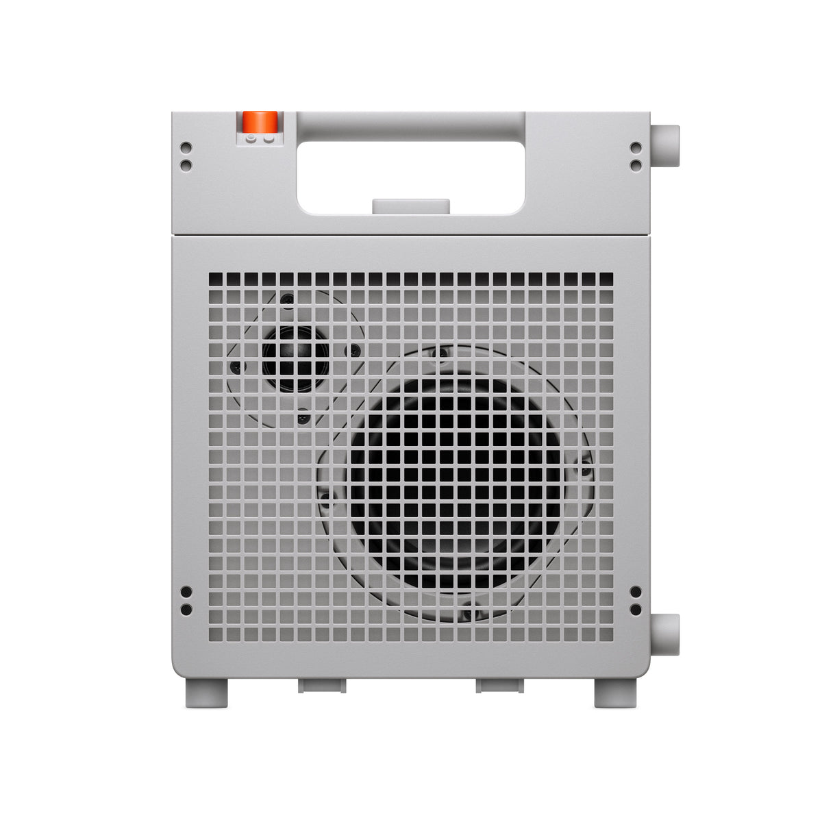 A gray metal amp with a front grille, circular fan blades visible through the mesh, a top handle cutout, and side connectors, shown on a plain white background.