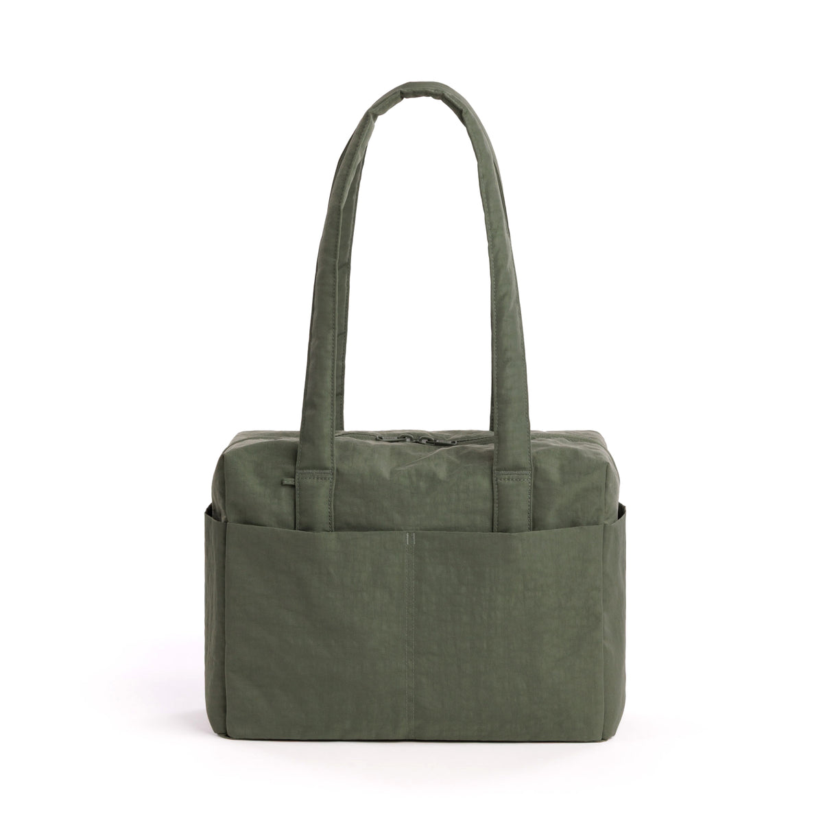 An olive green canvas tote bag with dual shoulder straps and a structured rectangular shape, shown against a plain white background.