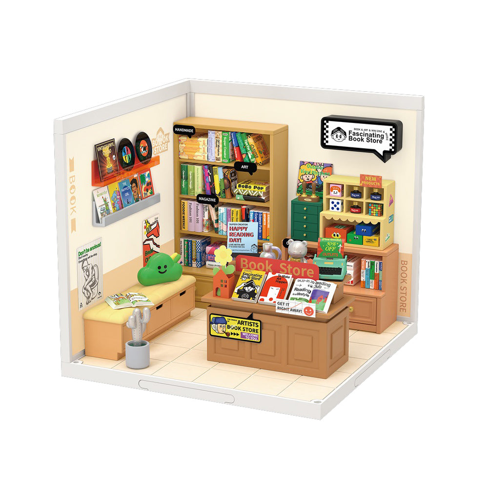 Image of the DIY Miniature Dollhouse Kit: Fascinating Book Store, assembled.