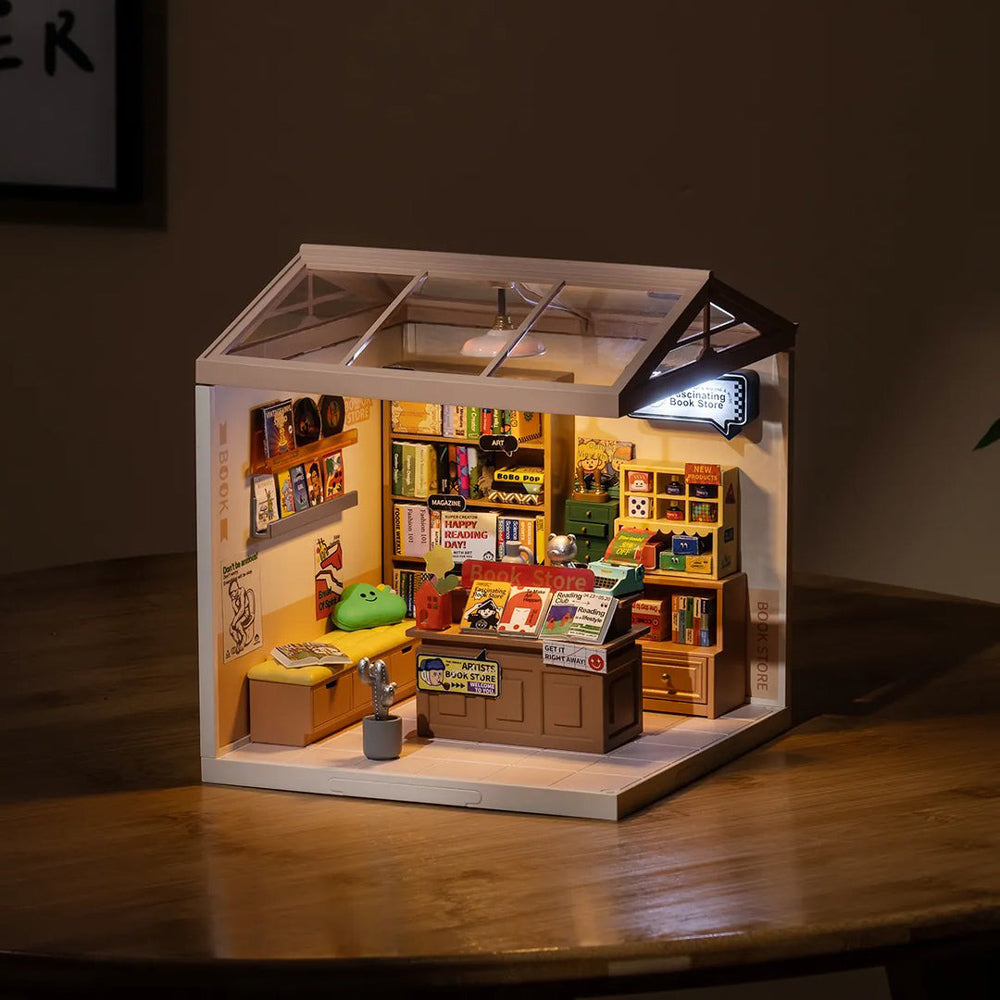 Lifestyle image of the Fascinating Book Store DIY Miniature House.