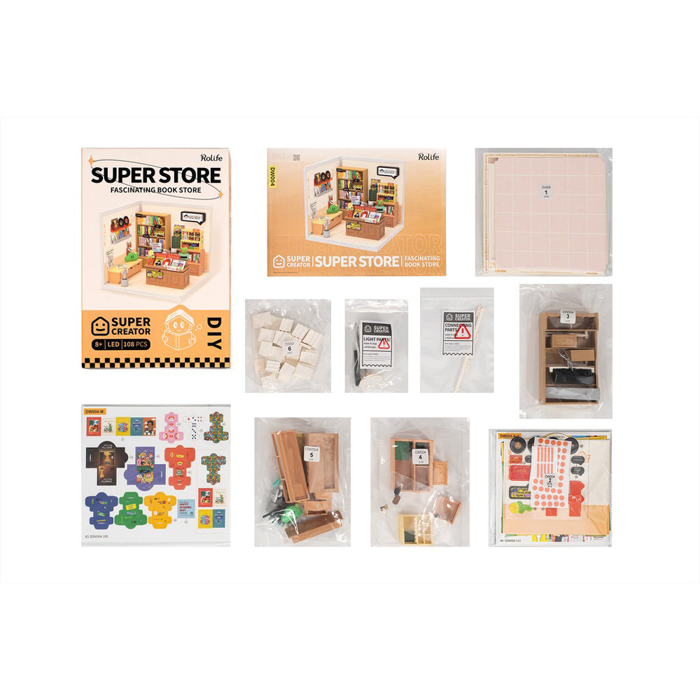 Image of items included in the miniature  book store.