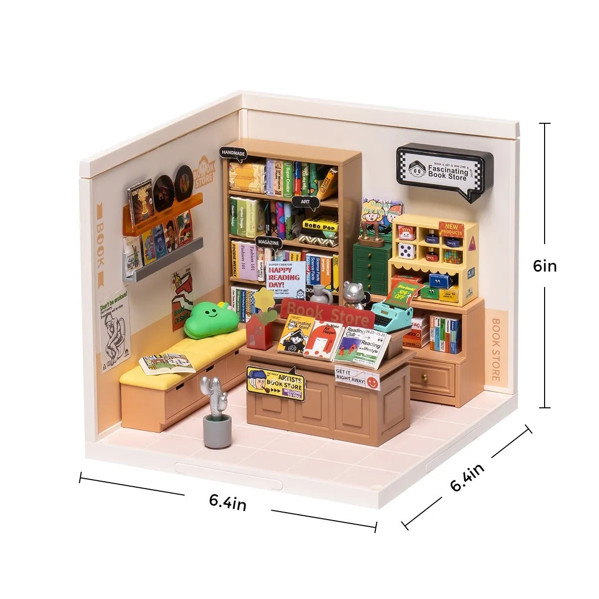 Image of assembled miniature book store with measurements.