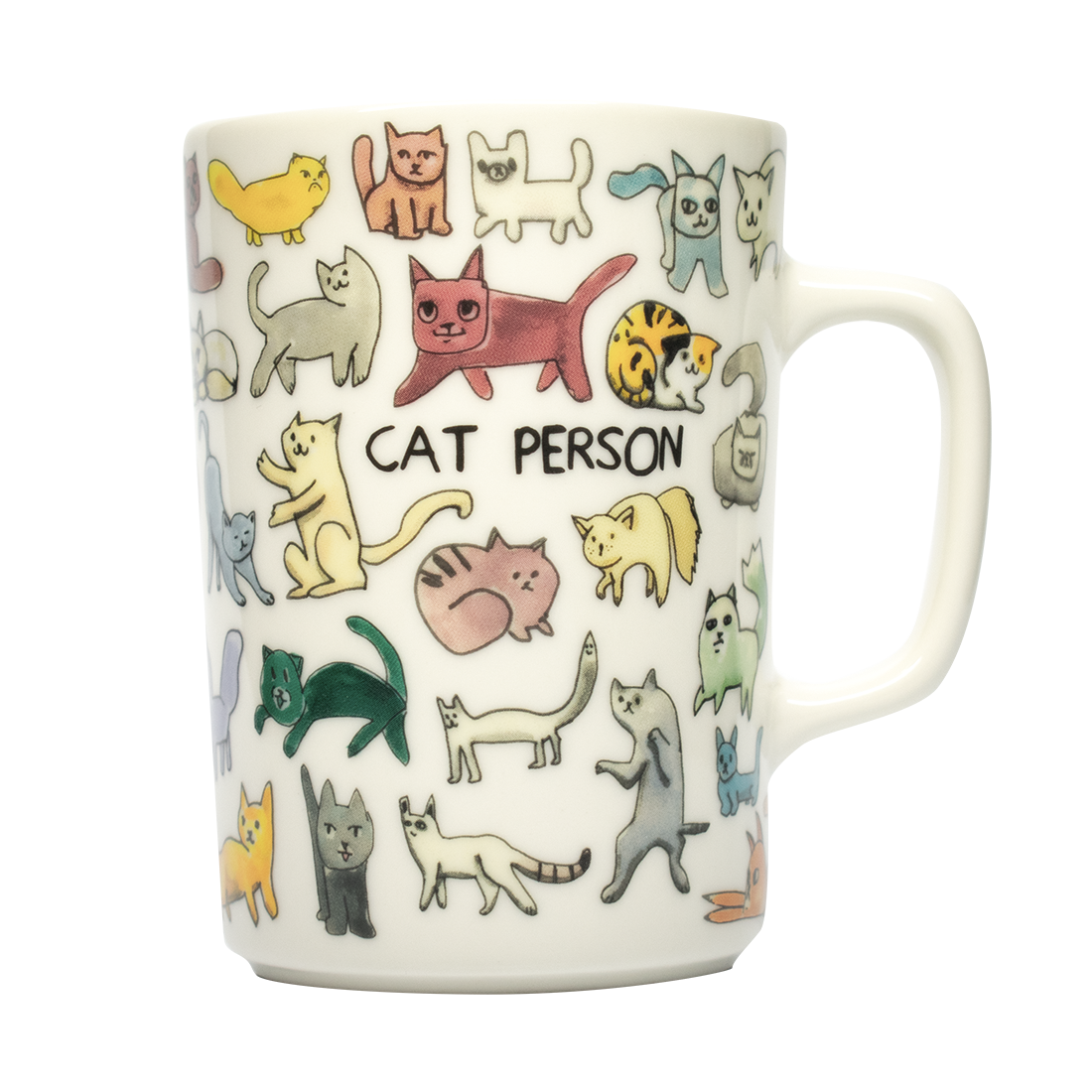 Mug with cat illustrations and 'Cat Person' text on a white background