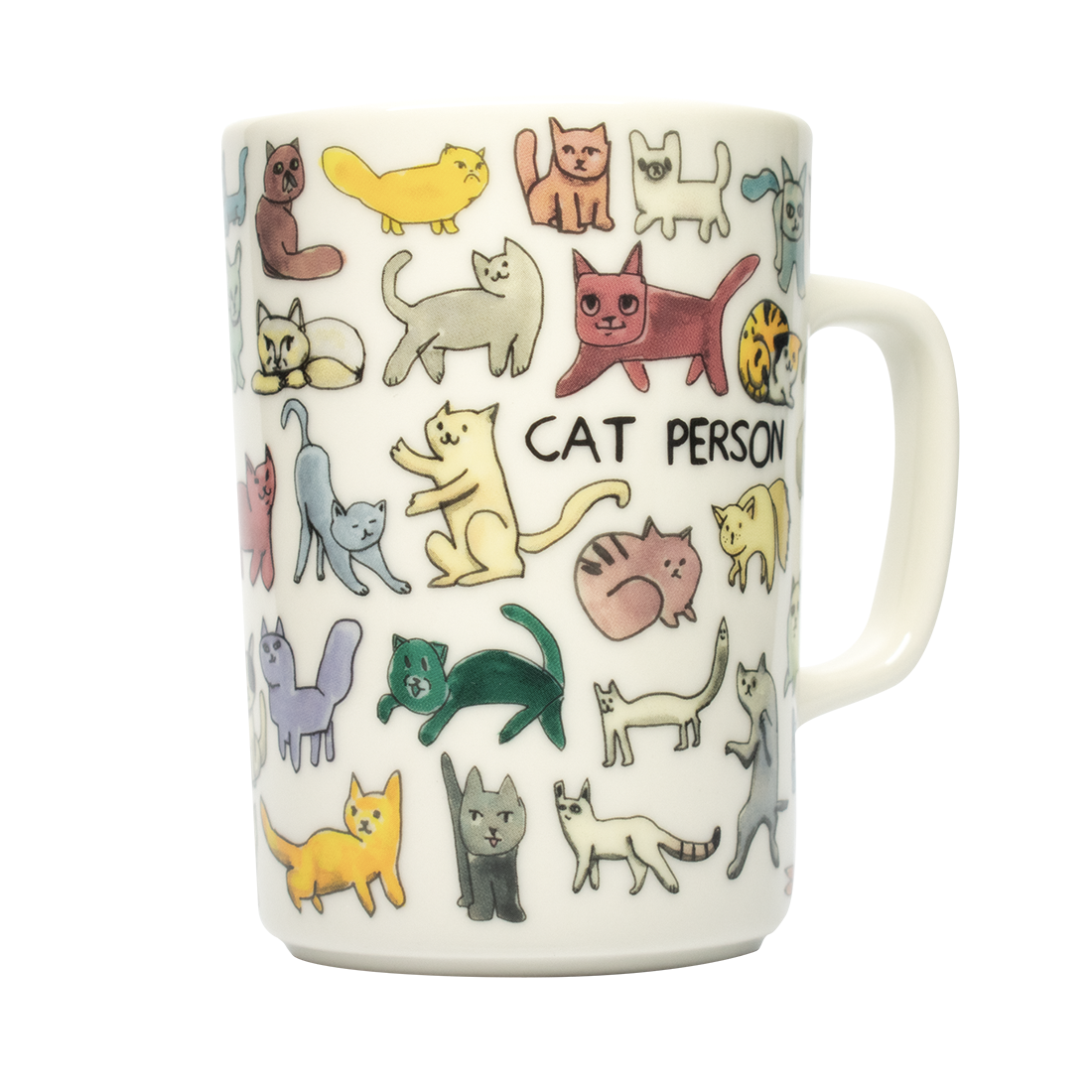Mug with cat illustrations and 'Cat Person' text on a white background