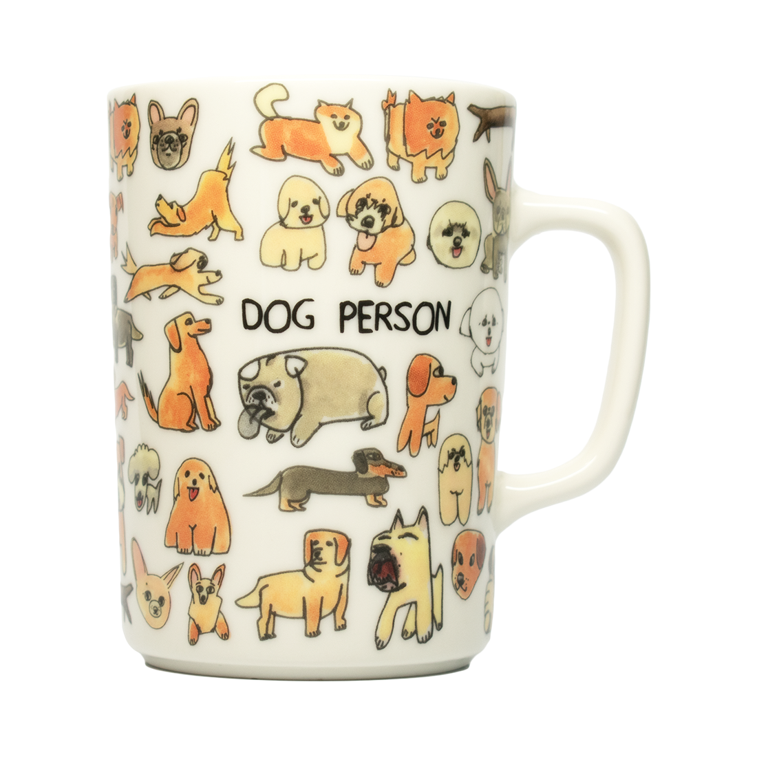 Mug with dog illustrations and 'Dog Person' text on a white background