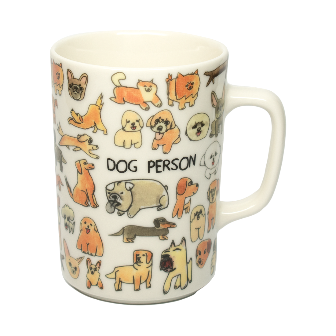 Mug with dog illustrations and 'Dog Person' text on a white background