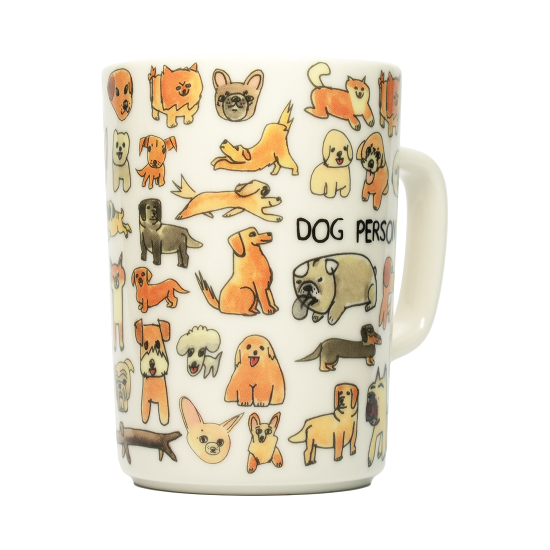 Mug with dog illustrations and 'DOG PERSON' text on a white background