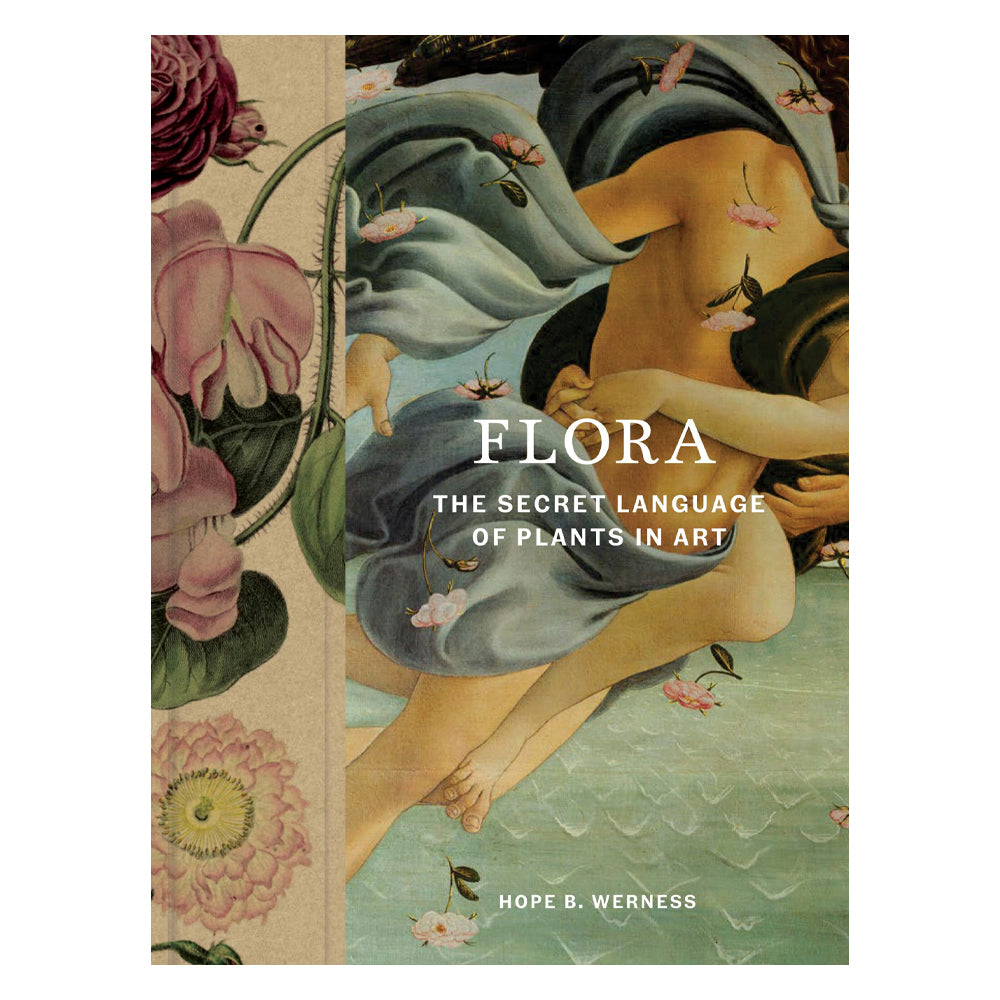 Book cover of 'Flora: The Secret Language of Plants in Art' with artistic depiction of a woman and flowers.