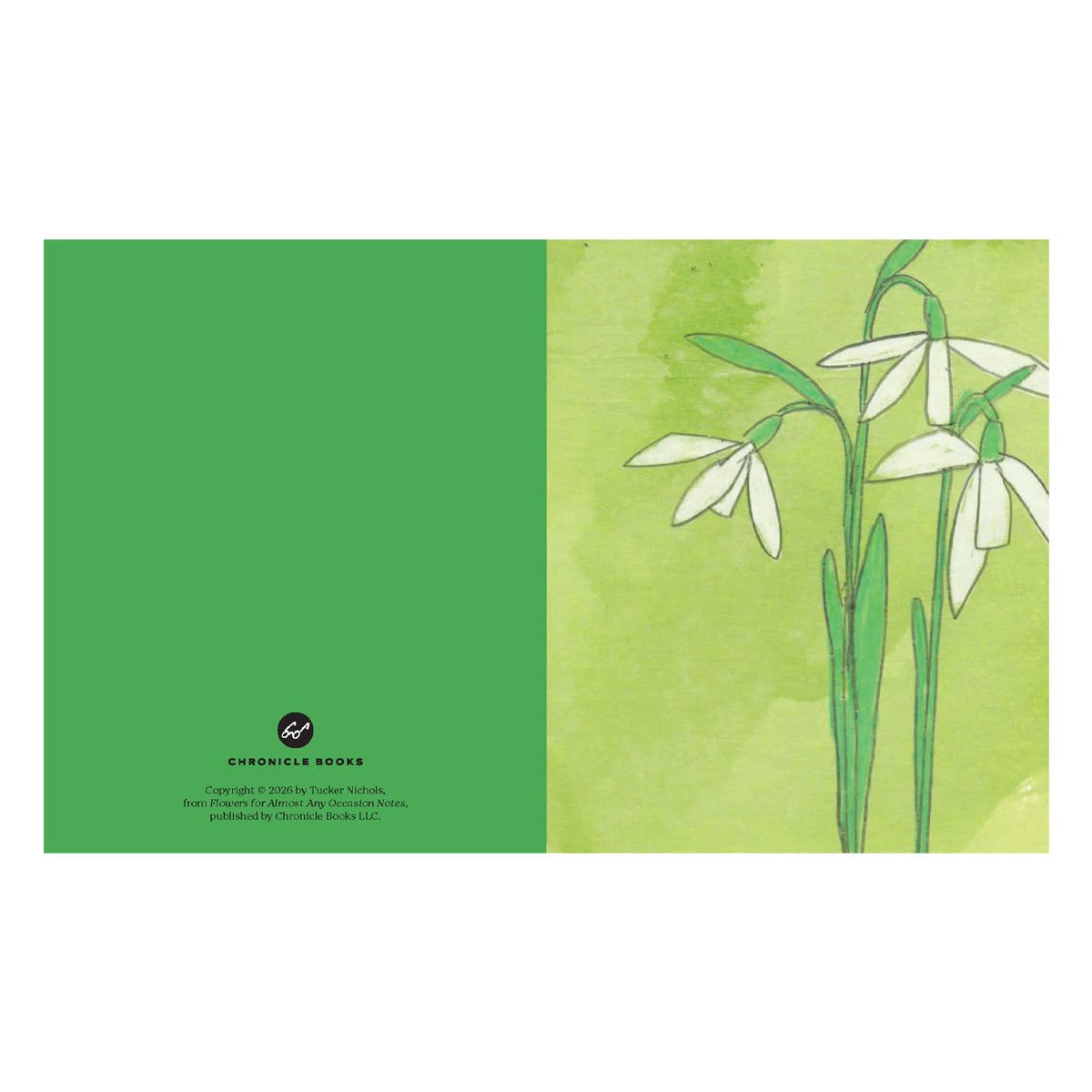 Notecard with green background and white flowers, featuring Chronicle Books logo.