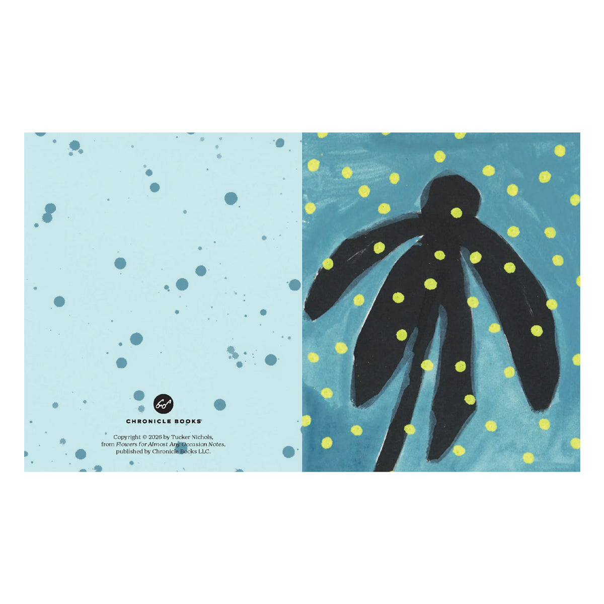 Notecard with abstract design of black leaves on a blue background with yellow dots