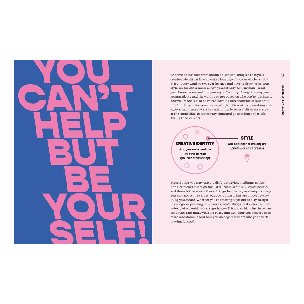 Book page with motivational quote 'You can't help but be your self!' in pink on blue background